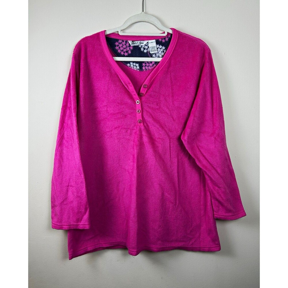 Hotel Spa Collection Women’s Plus 1X Pink Fleece Henley Long Sleeve Sleepshirt